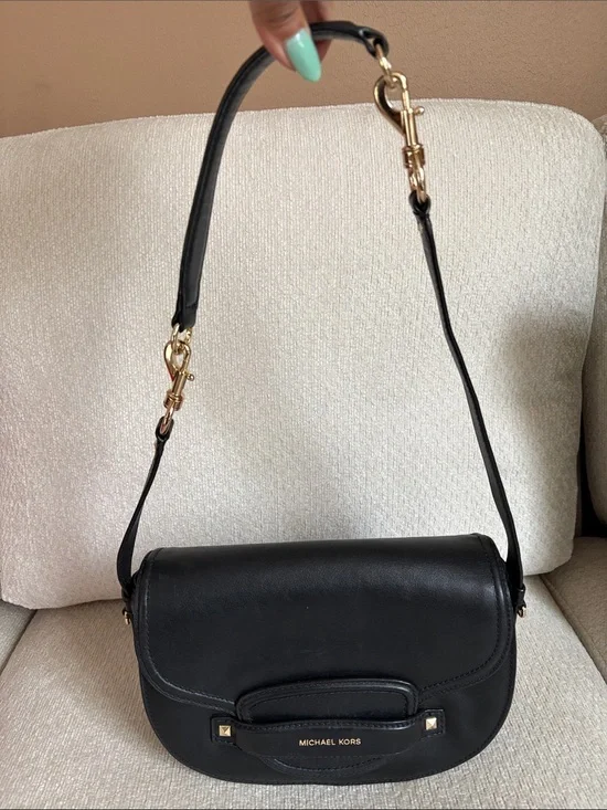MICHAEL KORS Black Leather Saddle Shoulder Bag with Gold Hardware