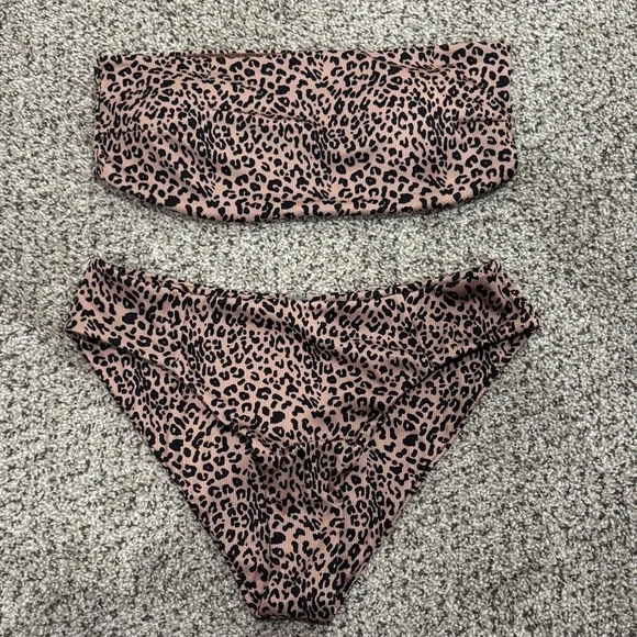 Leopard Print Bandeau Bikini Set in Dusty Pink and Black