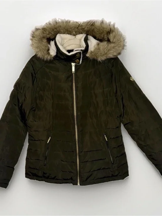 Michael Kors Olive Green Puffer Jacket with Faux Fur Trim