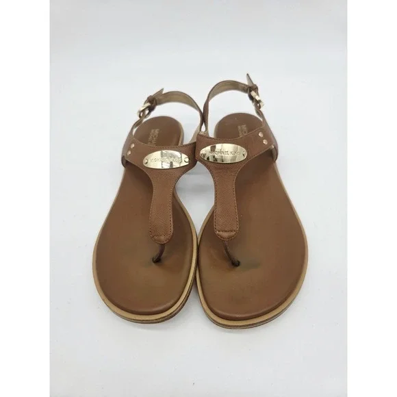 Michael Kors MK Plate Brown Leather Thong Sandals Flats Luggage size 7M