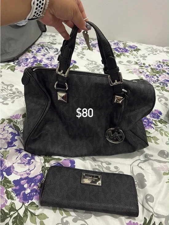 Michael Kors Black Logo-Print Satchel with Matching Wallet