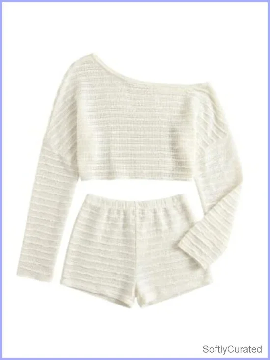 Women's Striped 2 Piece Crochet Beach Cover Up Set Crop Top Shorts Vacation