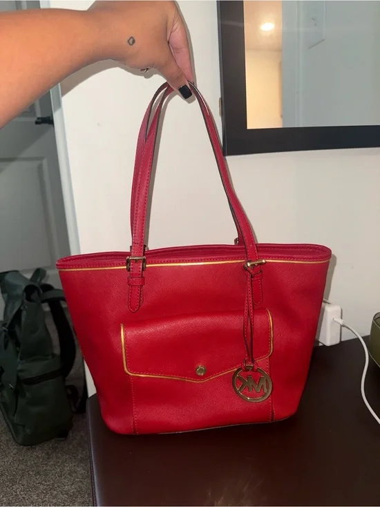 Michael Kors Red Leather Tote with Gold Accents and MK Charm