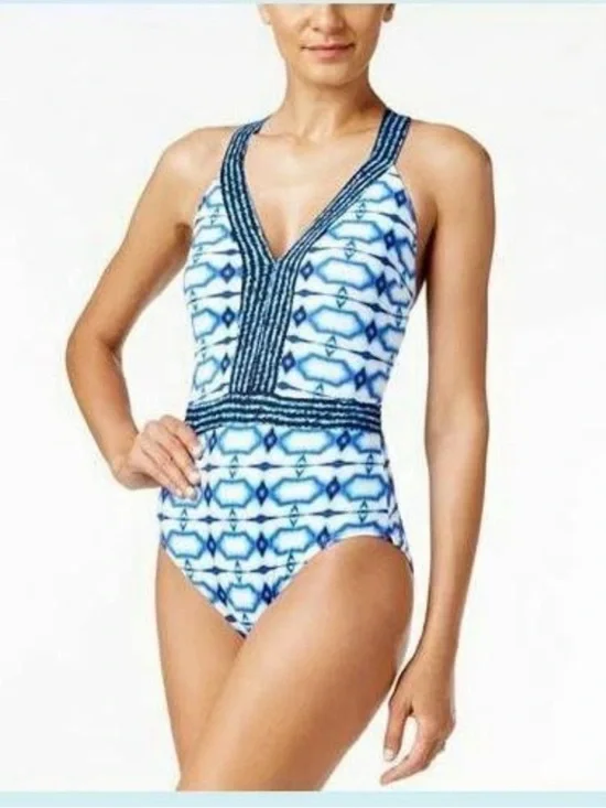 Michael Kors Navy and White Patterned One-Piece Swimsuit