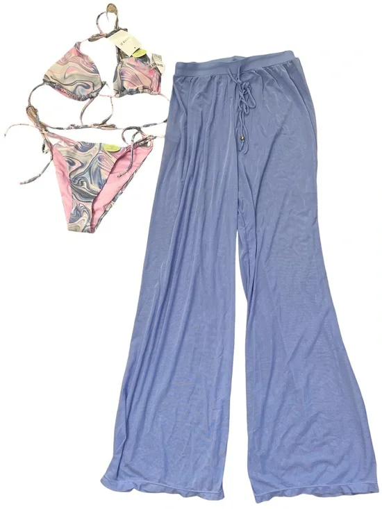 3 Pc Set Marbled Pink Swirl String Bikini & Light Periwinkle Cover Up Pants