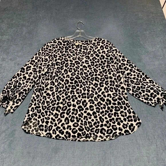 Michael Kors Blouse Top Womens Large Beige Leopard Print Round Hem Summer V Neck