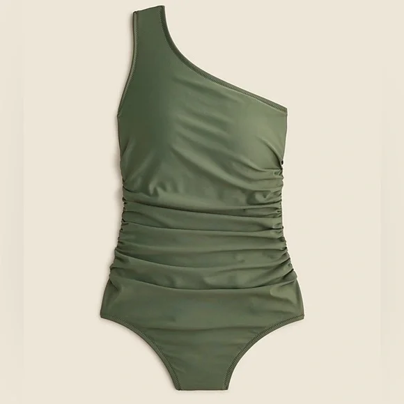 NWT j. Crew sleek ruched one shoulder one piece swimsuit cool cypress green 22