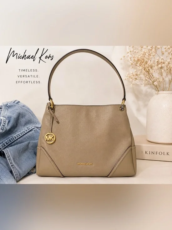 Michael Kors Beige Pebbled Leather Shoulder Bag Gold Hardware Large Hobo