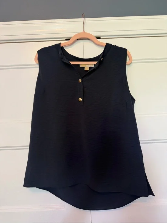 Michael Kors Sleeveless Black Henley Shell with Gold Buttons