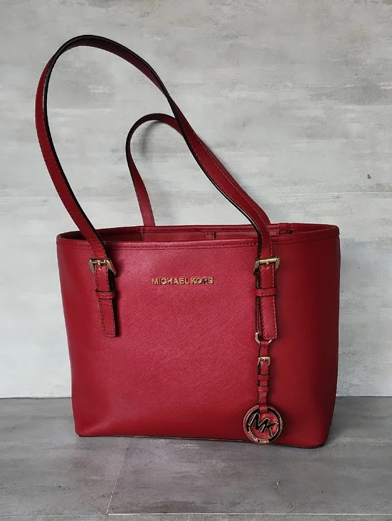 Michael Kors Jet Set Mulberry Red Saffiano Leather Tote with MK Charm
