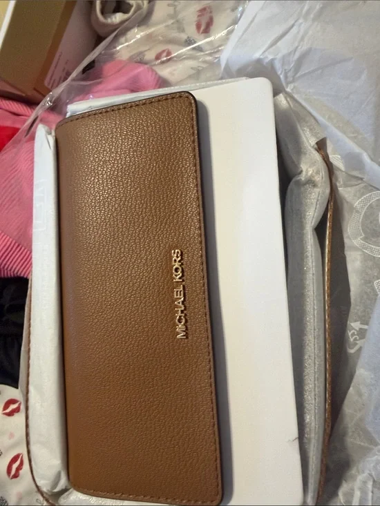 Michael Kors Cognac Pebbled Leather Continental Wallet with Gold Logo