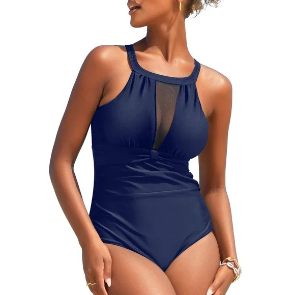 High Neck One Piece Swimsuit Womens L Navy Mesh Cutout Tummy Control 572 NWT‎