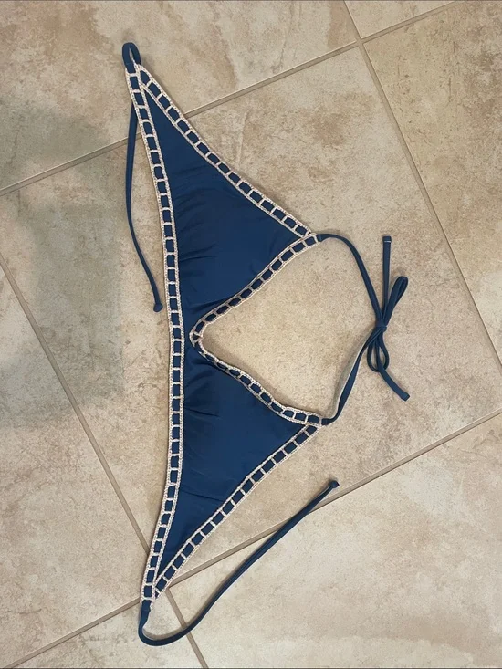 Boden Navy Bikini Top with Cream Crochet Trim