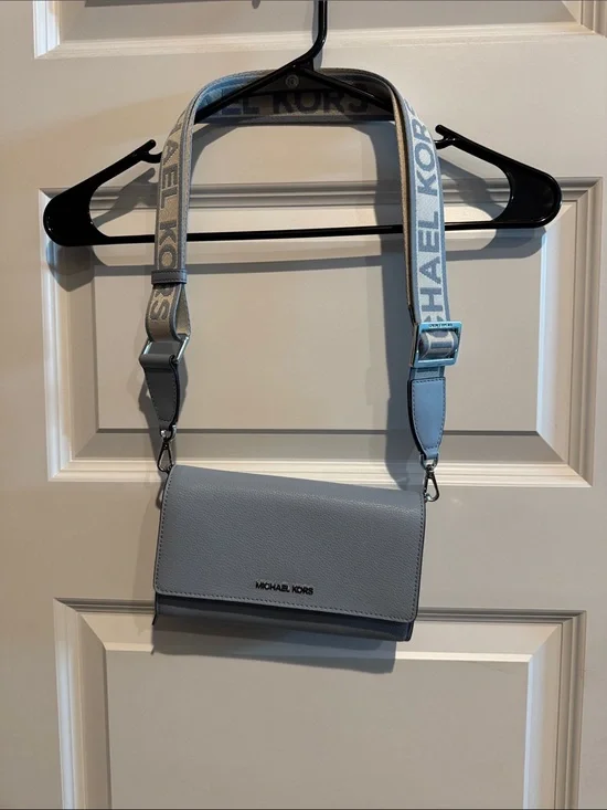 Michael Kors Sky Blue Pebbled Leather Crossbody with Logo Strap