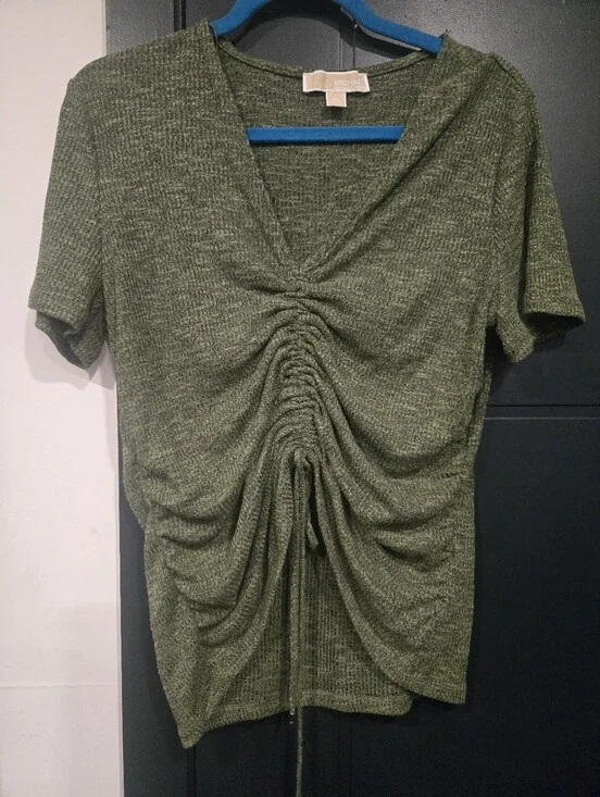 Ruched Tie Up Army Green V Neck Michael Kors Top XL