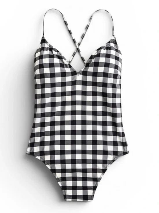 J. Crew Black And White Gingham Criss Cross Back Strap One Piece Swimsuit