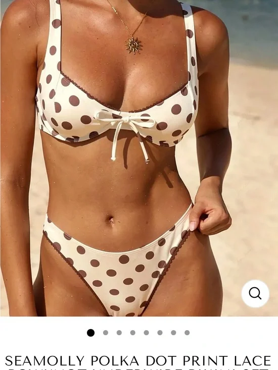 Seamolly Polka Dot Lace-Trim Bikini Set - Cream with Brown Dots