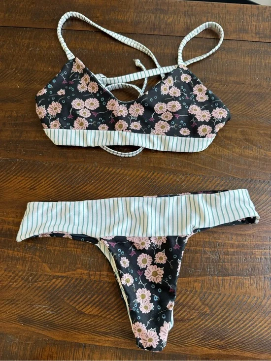 Reversible Floral Stripe Bikini Set