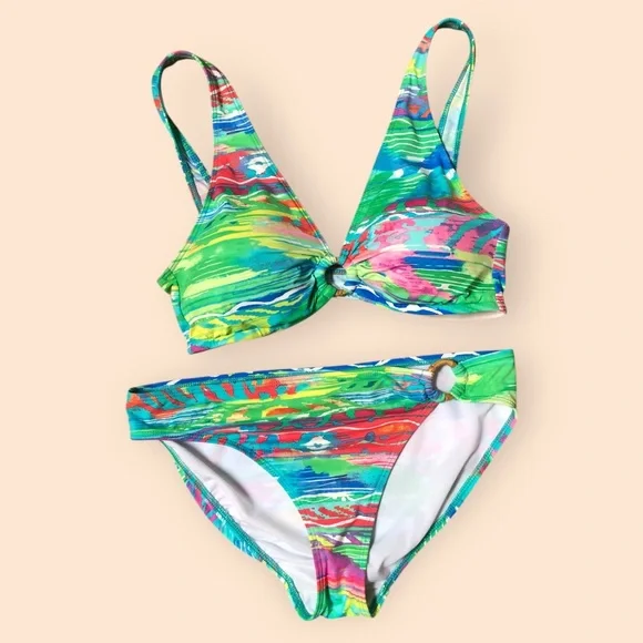 Lauren Ralph Lauren Coral Print Ikat Stripe Colorful Two Piece Bikini Women M/L