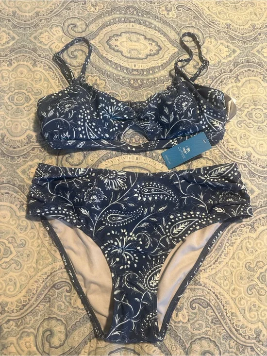 Cupshe Navy Blue White Floral Paisley Bikini Set