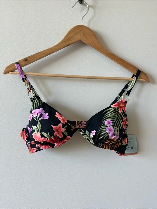 Shade & Shore Women’s Black Underwire Floral Bikini Top 36B NWT Ring Detail