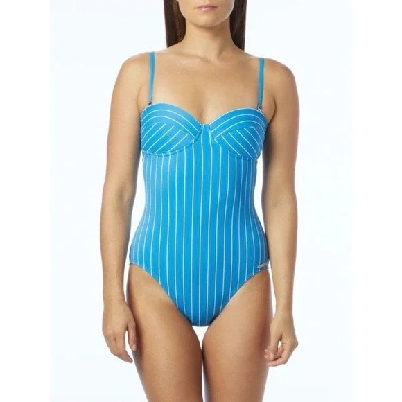 Vince Camuto Pinstripe One Piece Swimsuit Womens 12 Misty Blue Beach Summer NEW