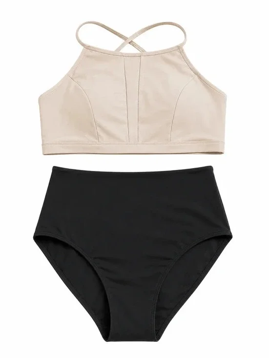 CRZ Yoga High-Waisted Swim Set | Lilac Stone & Black | Size L | NWOT