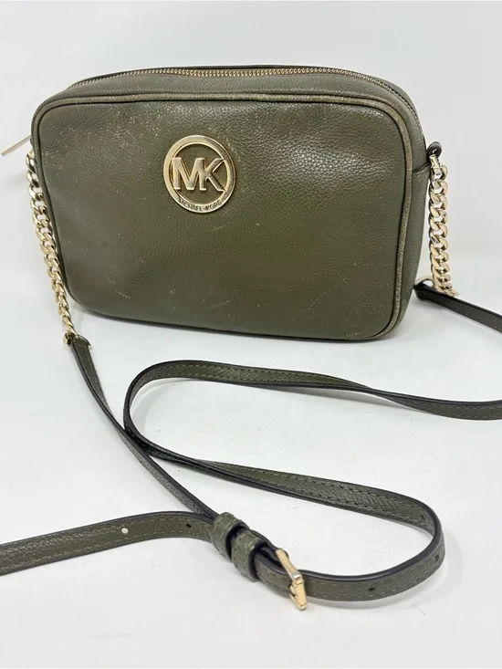 Michael Kors Fulton Olive Green Leather Crossbody Bag Camera Bag Purse 9.5”x6”