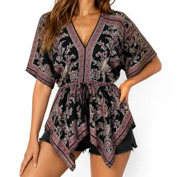 Michael Kors Boho Paisley Top Women S Black Red V-Neck Kimono Handkerchief Hem