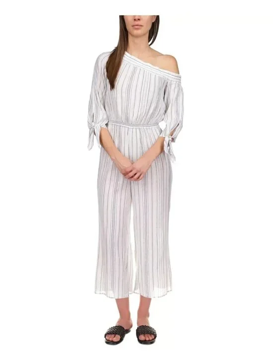 MICHAEL KORS Chambray Asymmetric One-Shoulder Jumpsuit Blue White Size M $175