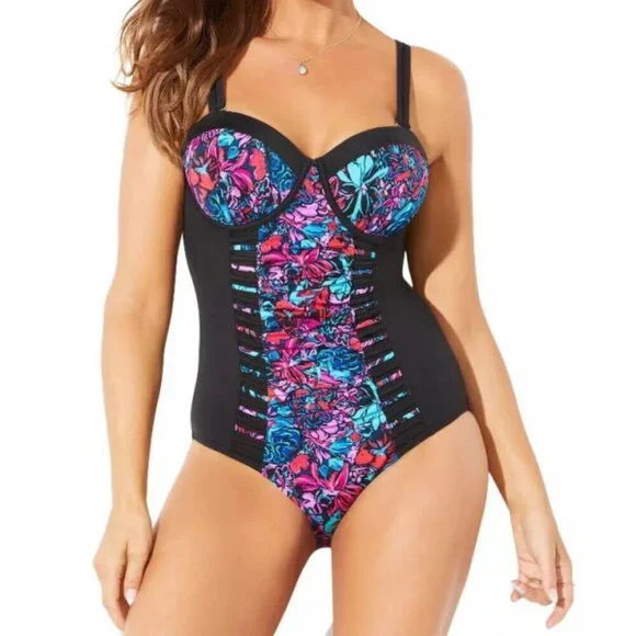 Swimsuits Ruched Underwire One Piece Swimsuit 18 Dark Floral Tummy Control NWT