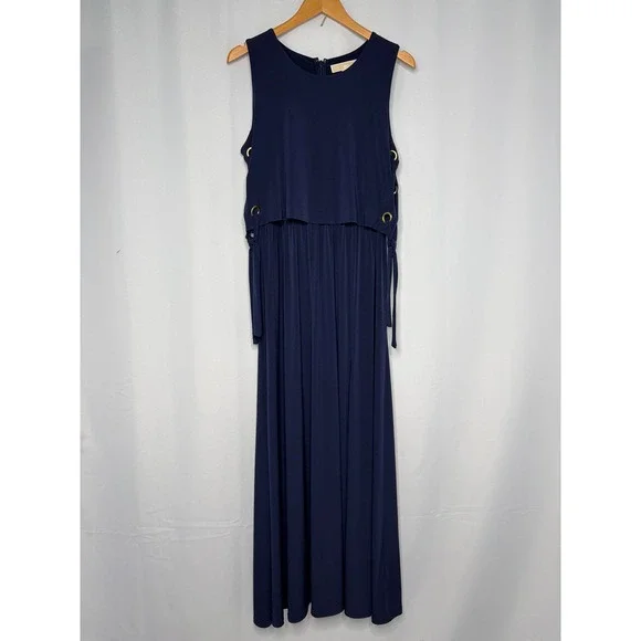 Michael Kors Women True Navy Grommet Side Lace-Up Maxi Dress L MS879M03G