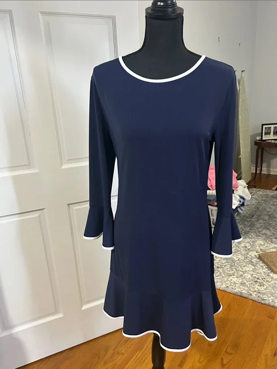 Michael Kors Navy Long-Sleeve A-Line Dress with White Trim