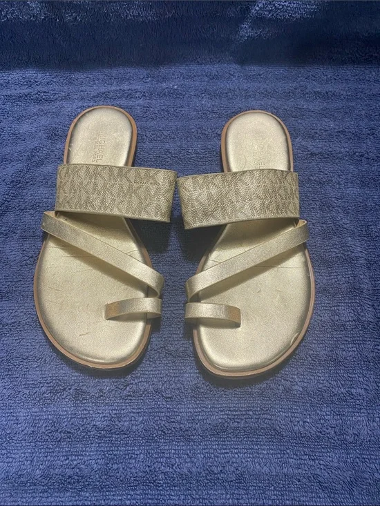 Michael Kors MK Gold Strappy Slide Sandals - Women's Casual Slip-On 7M