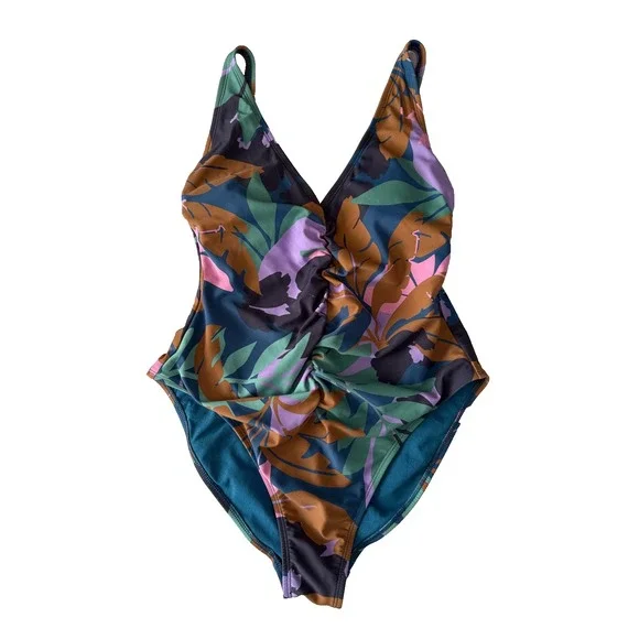 Shade & Shore Floral‎ Shirred Plunge One Piece Swimsuit Women's M Resort Beach