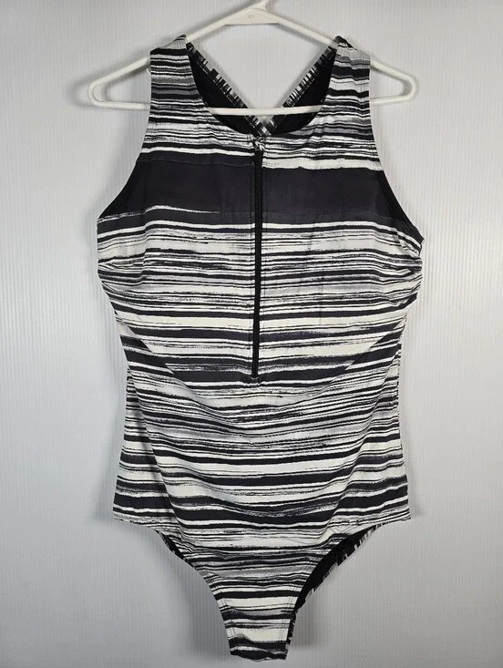 Lands' EndWomen’s Black & White Striped One-Piece Swimsuit with Front Zip Size L