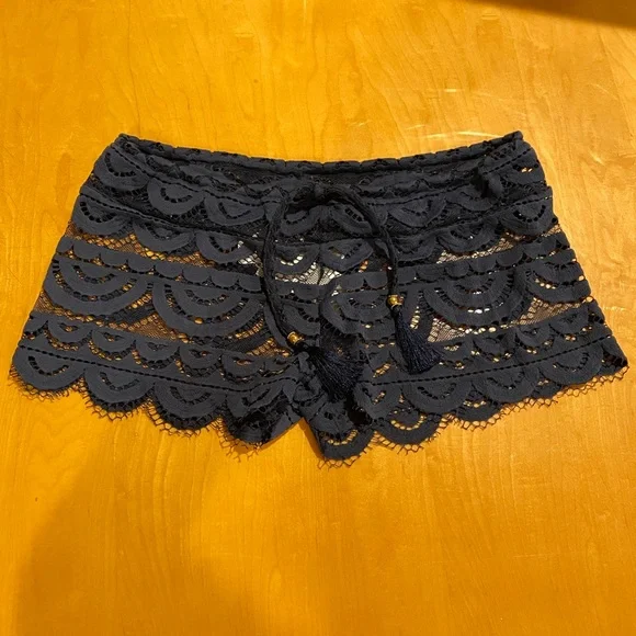 Lace Scallop Trim Women's Sleep Shorts - Navy