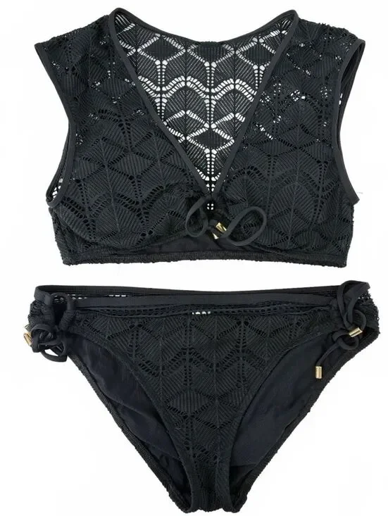La Blanca Black Crochet Two-Piece Swimsuit Set Size US 12