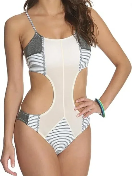 Kuleana Monokini Swimsuit XS Cream Black Striped Cutout Tassel Tie One Piece