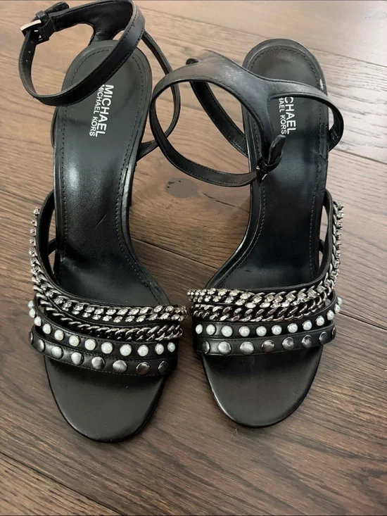 Michael Kors Kimmy Black Studded & Chain Ankle-Strap Heels