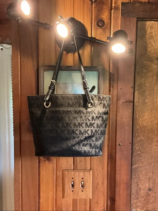 Michael Kors Black MK Signature Tote with Gold Hardware