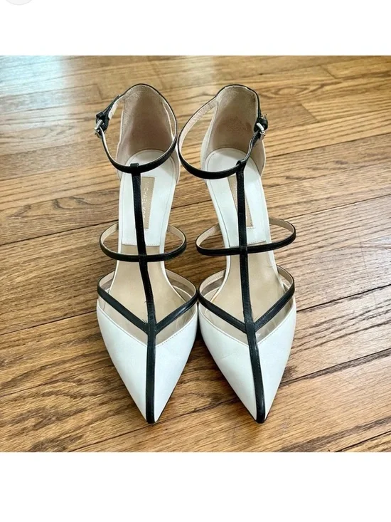 Michael Kors 39 Elegant Two-Tone White and Black Pointed T-Strap Women's Heels