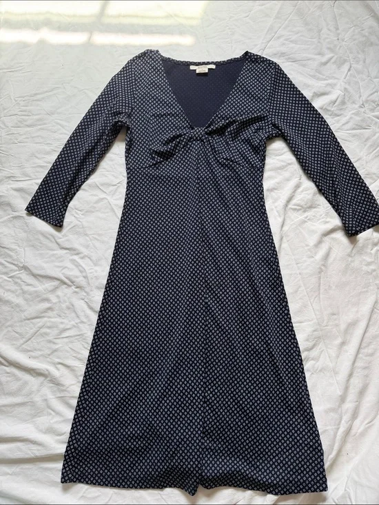 Michael Kors Navy and White Printed Long-Sleeve V-Neck Dress