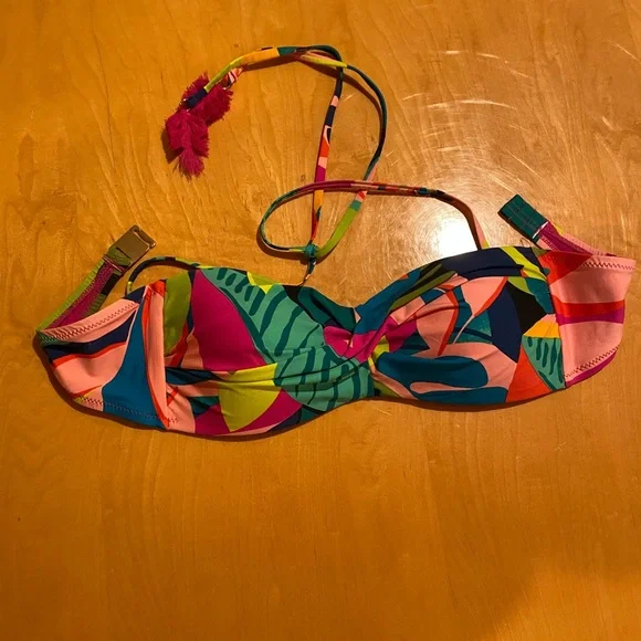 Trina Turk Multicolor Tropical Bandeau Bikini Top in Pink, Green, Navy & Coral