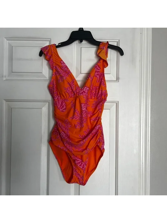 Ellen Tracy Women's Coral Pink Print One-Piece Swimsuit Size 8