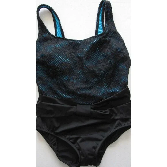 LONGITUDE Lace Overlay One Piece Tummy Trimmer Swimsuit Bathing Suit 8