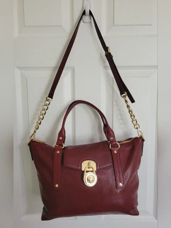 Michael Kors Leather Hamilton Satchel Bag in Burgundy with Gold Hardware