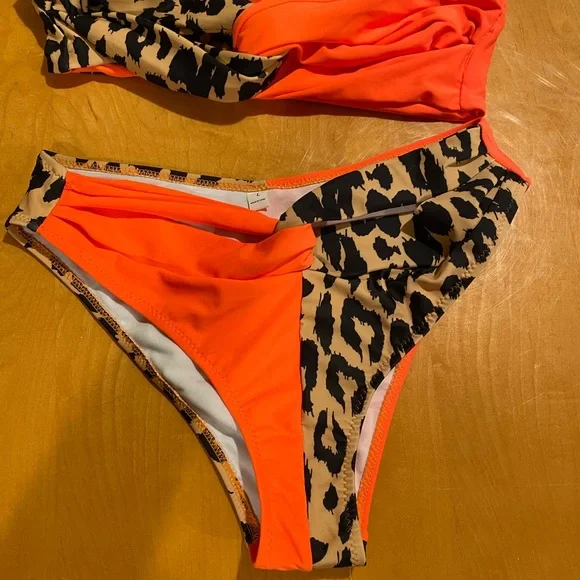 Neon Orange Bikini Bottom with Leopard Accent