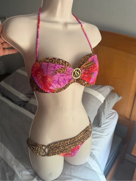 Victoria Secret Tropical Pink & Leopard Bikini with Gold Accent 34B small