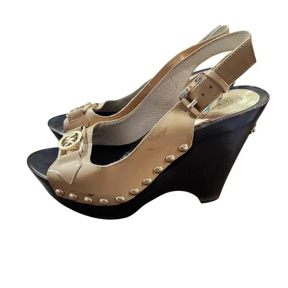 Michael Kors MK Logo Slingback Wedge Sandals Tan Patent Leather 7